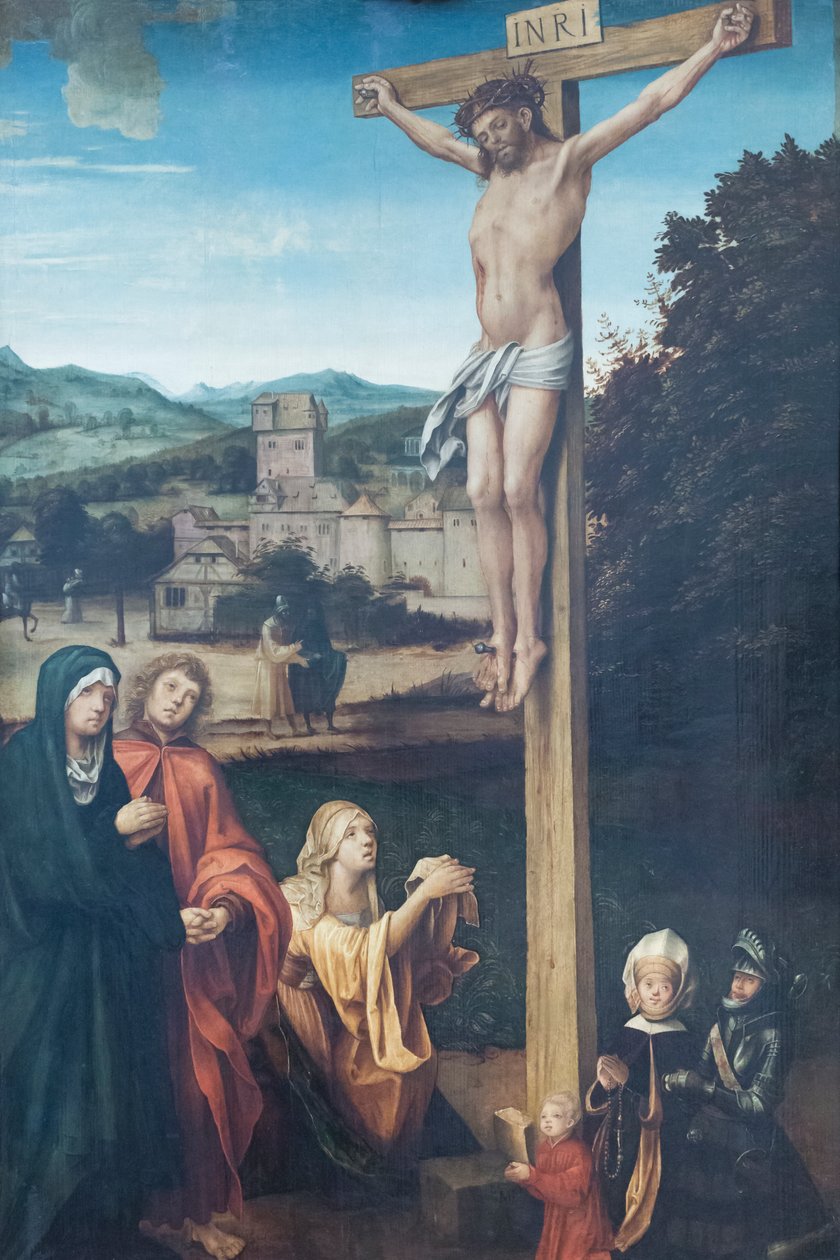 Kristus korsfestet med Maria, Johannes, Maria Magdalena og beskyttere av Hans Suess Kulmbach