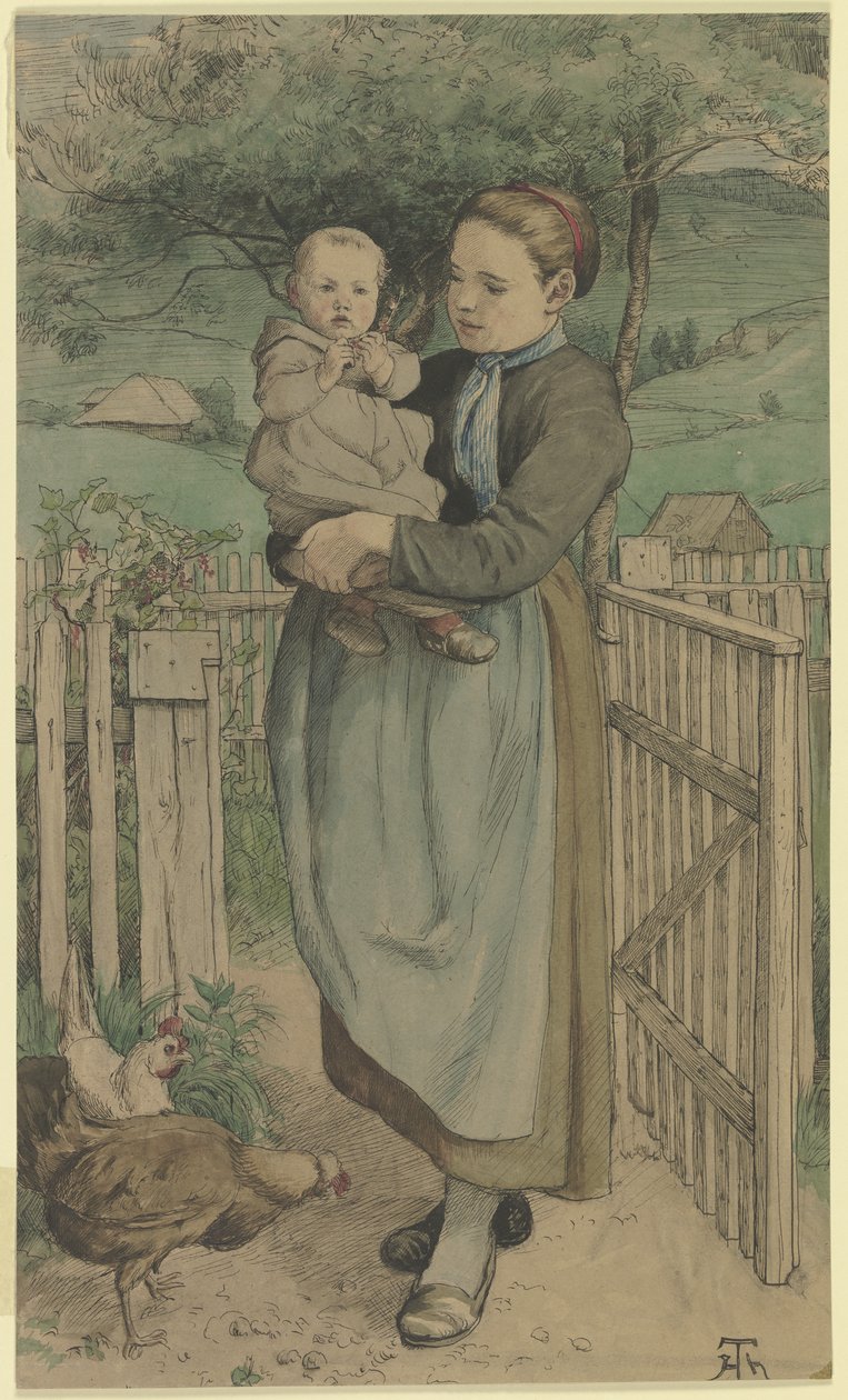 Bondjente med et barn på armen, stående ved et tregjerde av Hans Thoma