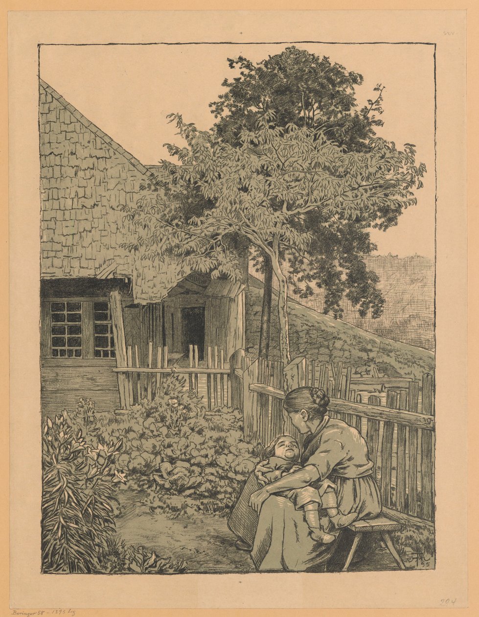 Kvinne med barn sittende i en hage foran et hus i Schwarzwald av Hans Thoma