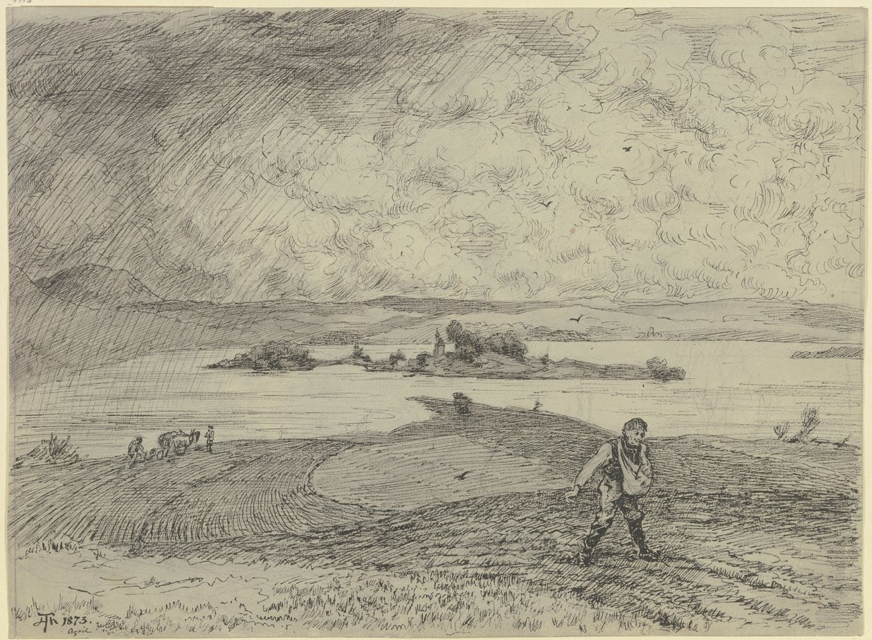 Landskap med såmann, i bakgrunnen en innsjø med en øy av Hans Thoma