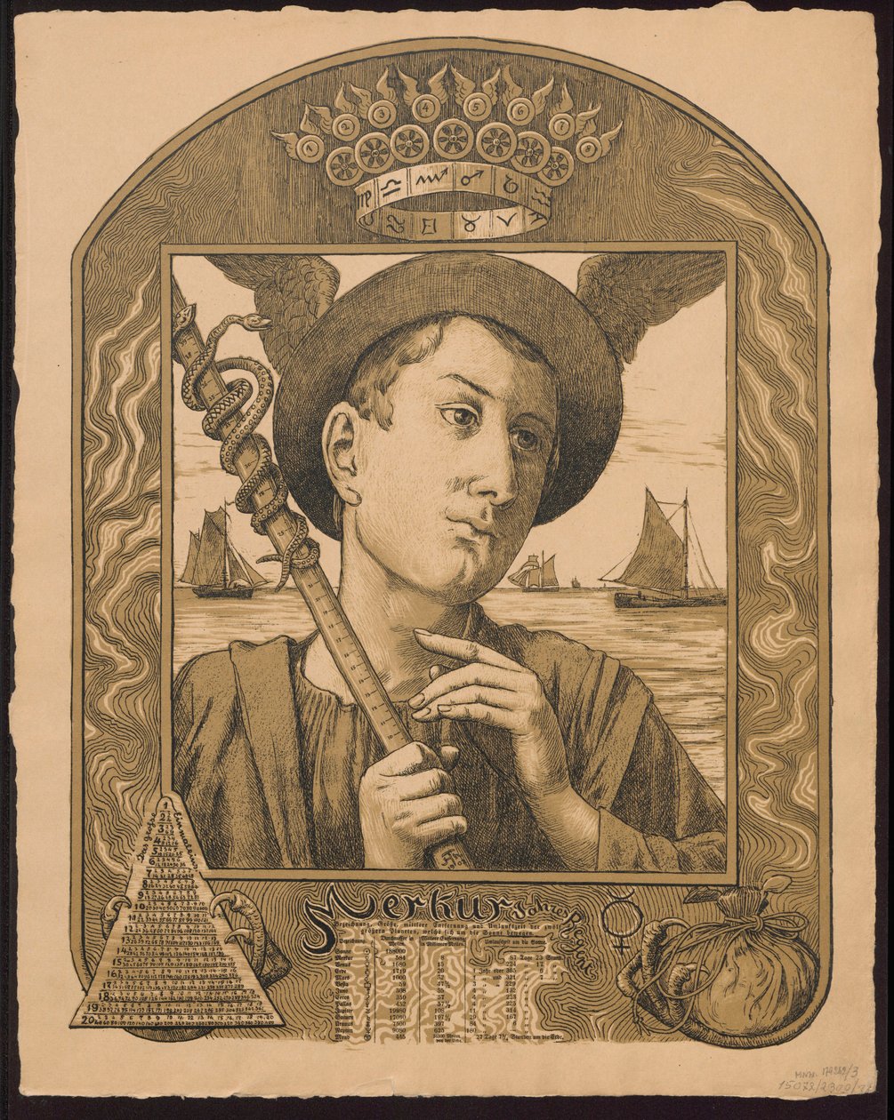 «Merkur Jahrers Regent». Merkur som årets hersker. Skisser til «Den evige bildekalenderen», del II, 1901 (Immerwährender Bilderkalender) av Hans Thoma