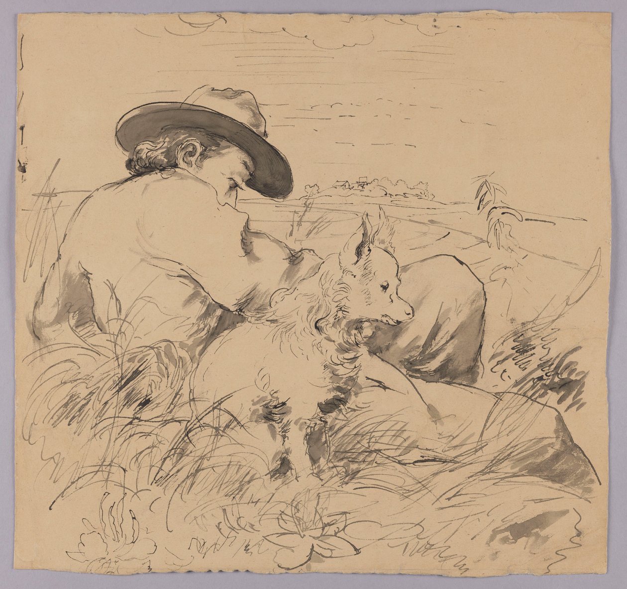 Mann liggende i gresset med en hund av Hans Thoma