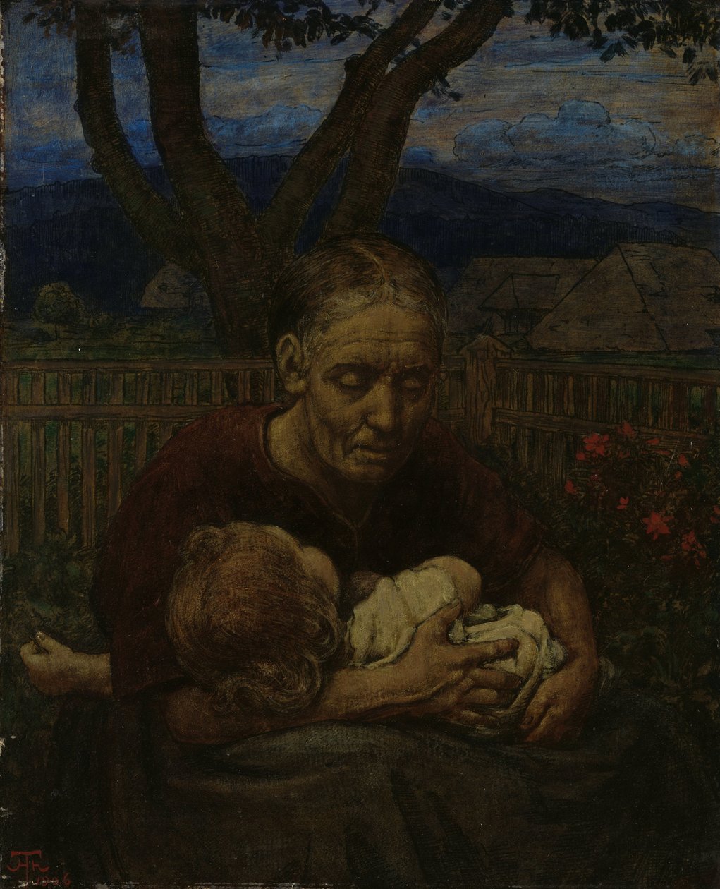 Mor og barn i en hage av Hans Thoma
