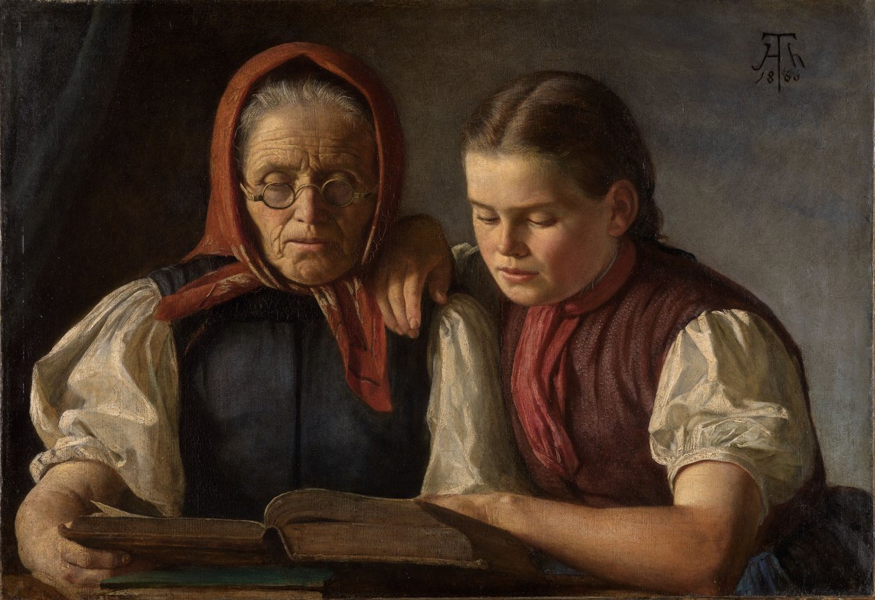 Kunstnerens mor og søster leser i Bibelen av Hans Thoma