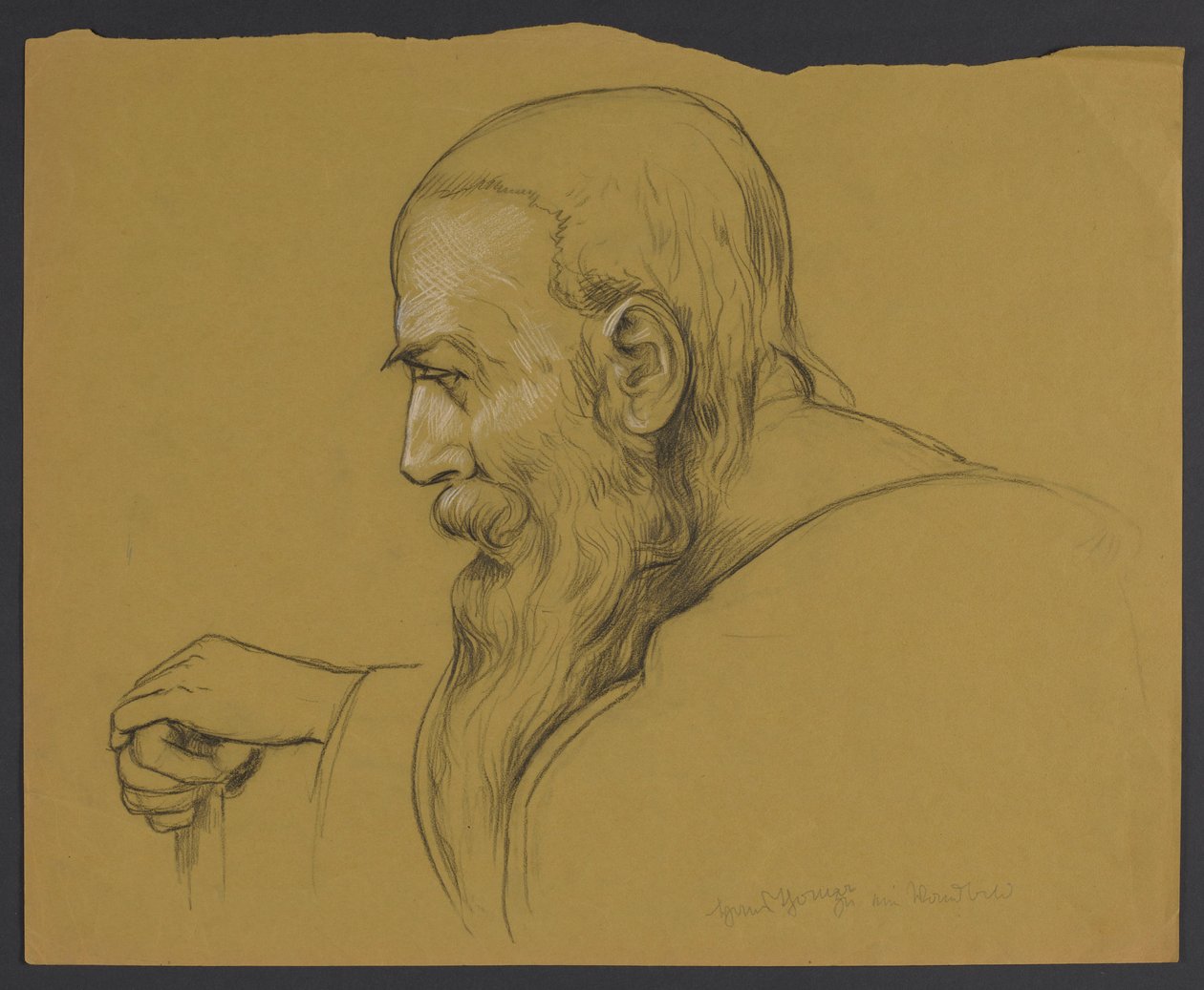 Byste av en gammel mann med langt skjegg, som støtter seg med begge hender på en stokk, sett i profil av Hans Thoma