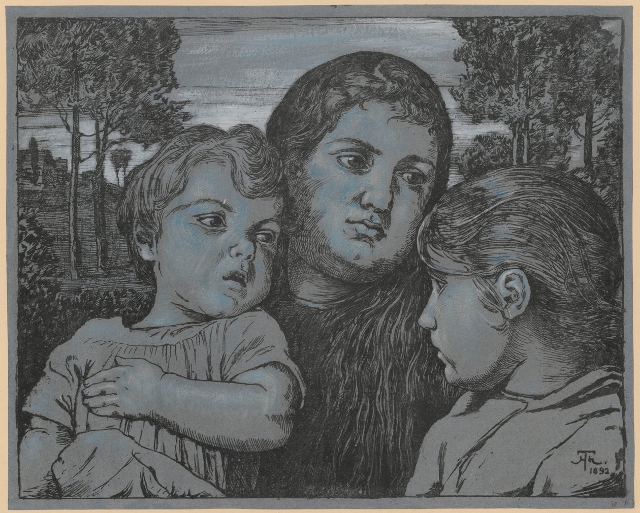 Portrett av kunstnerens kone Celli med to barn foran et landskap av Hans Thoma
