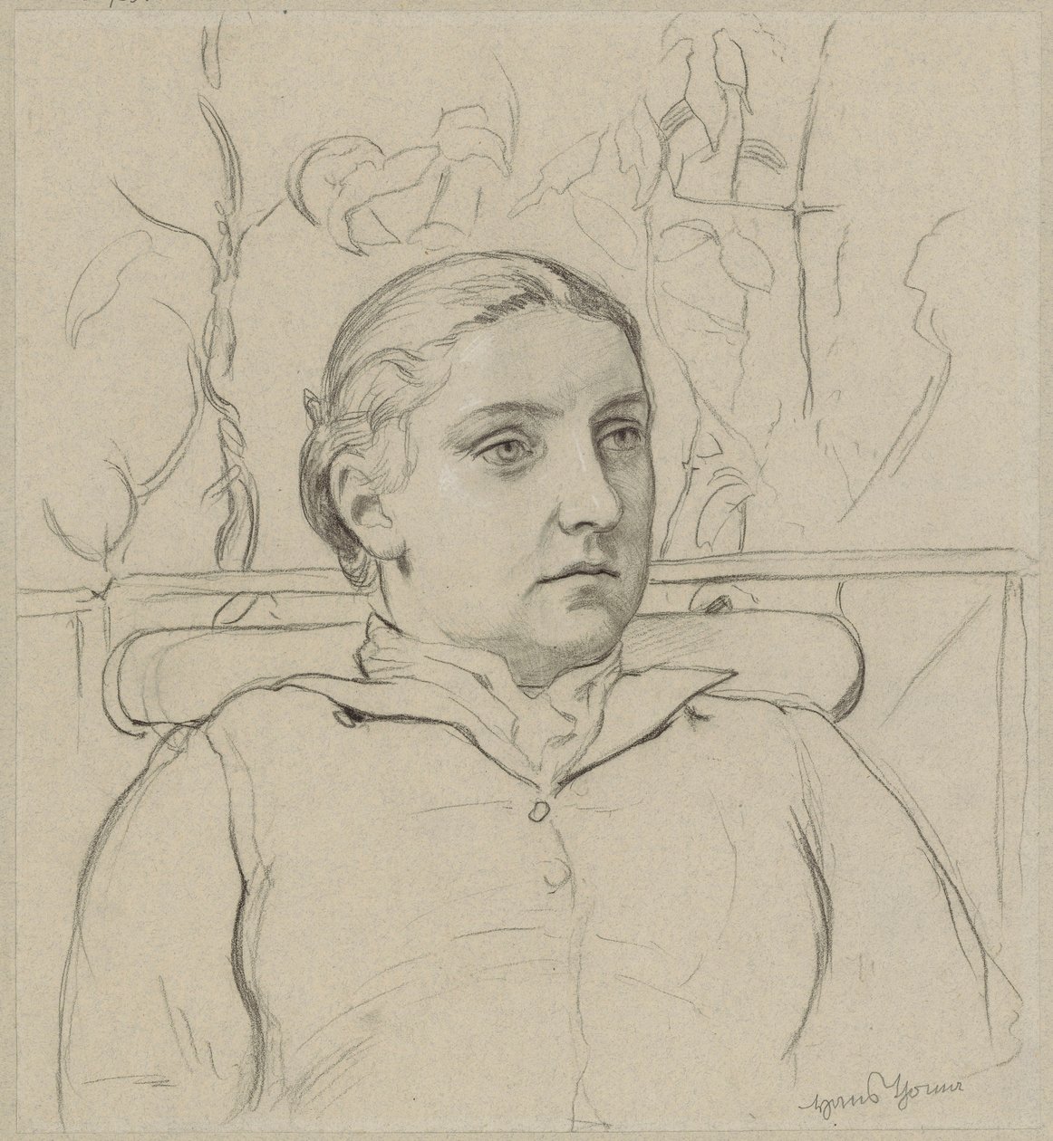 Et portrett av kunstnerens kone i form av et brystbilde, sittende på en benk med grønt landskap i bakgrunnen av Hans Thoma