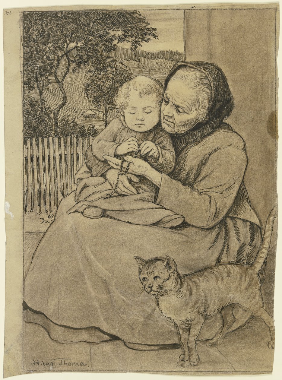 Sittende gammel kvinne med barn av Hans Thoma
