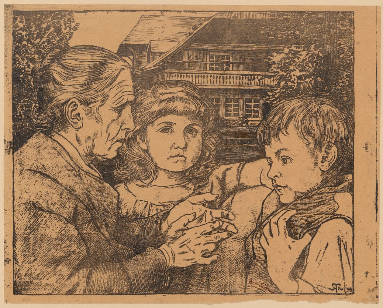 En gammel kvinne som forteller eventyr til to barn foran et hus i Schwarzwald av Hans Thoma