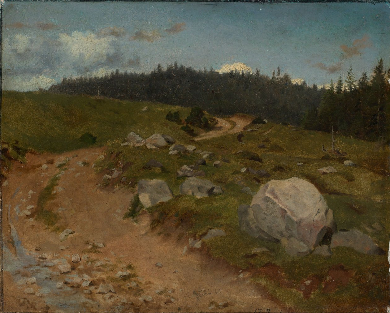 En steinete sti ved skogkanten av Hans Thoma
