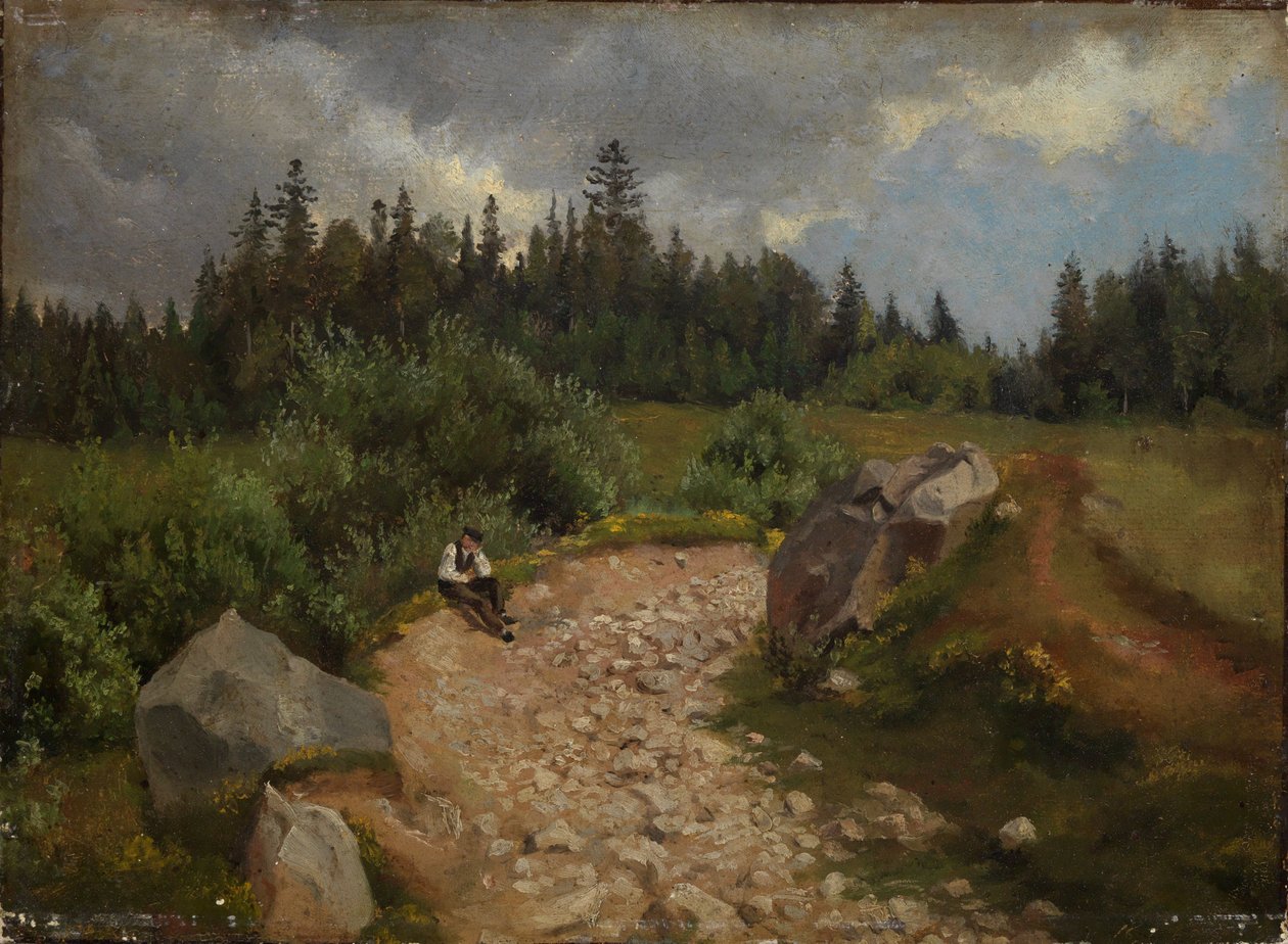 En steinete sti ved skogkanten med en sittende mann av Hans Thoma