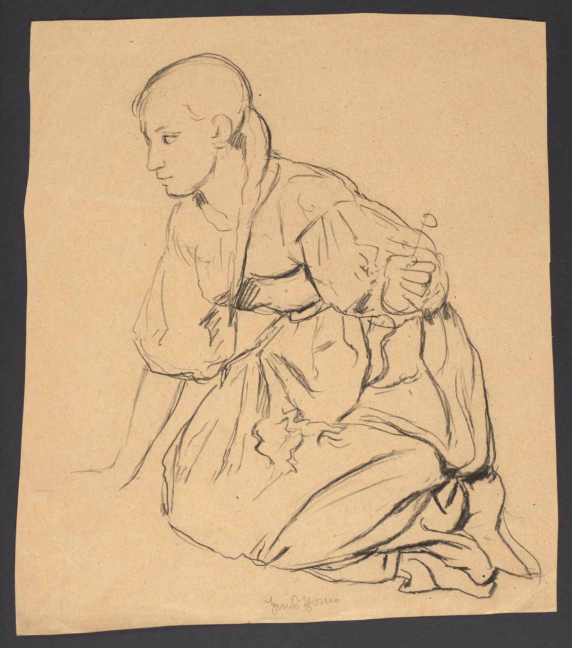 Studie eines Mädchens, das auf einer Wiese kniet av Hans Thoma