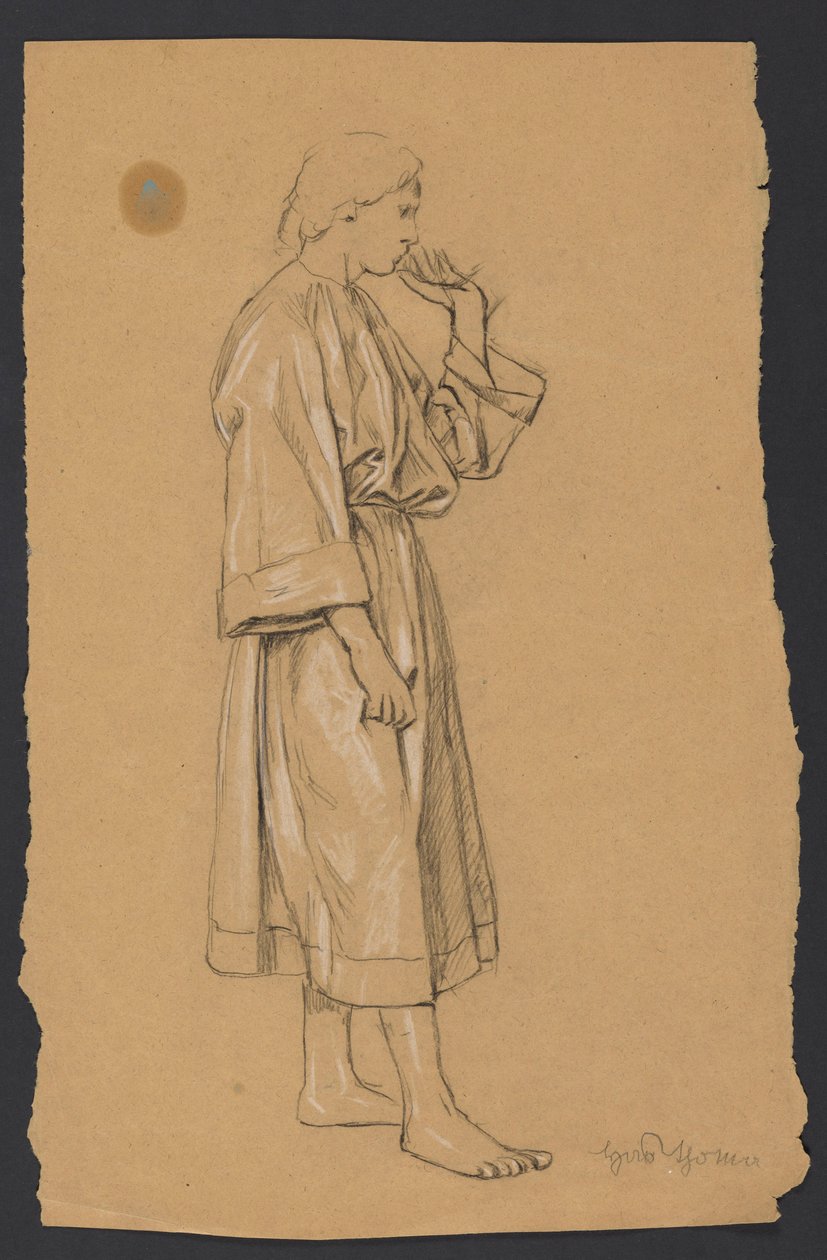 Studie eines jungen Mannes in antikisierender Kleidung, mit der linken Hand zum Kinn erhoben av Hans Thoma