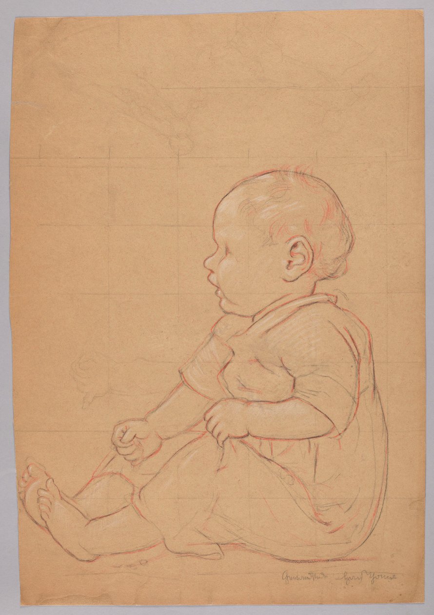 Studie av et sittende barn, verso: en gammel mann sittende på en stein av Hans Thoma
