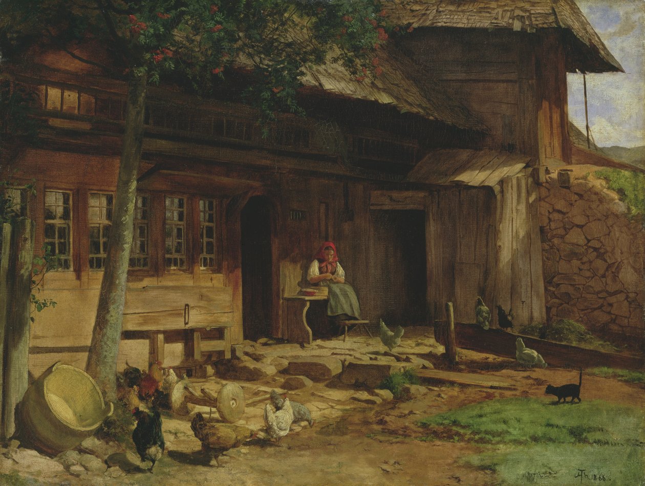 Foreldrehjemmet i Bernau, 1866 (olje på lerret lagt på kort) av Hans Thoma