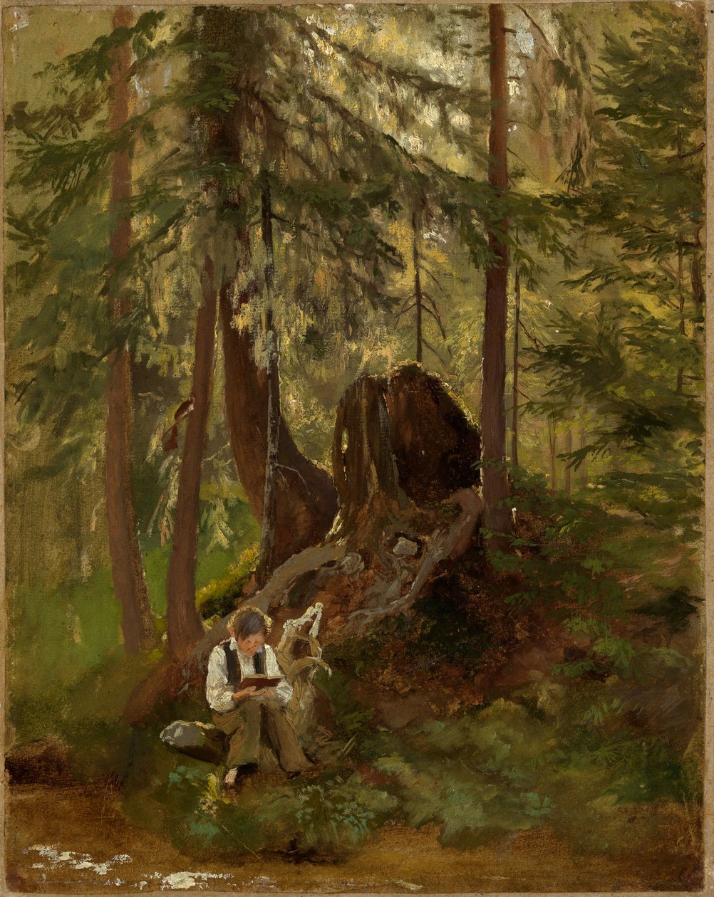 Skogsinteriør med en lesende gutt av Hans Thoma