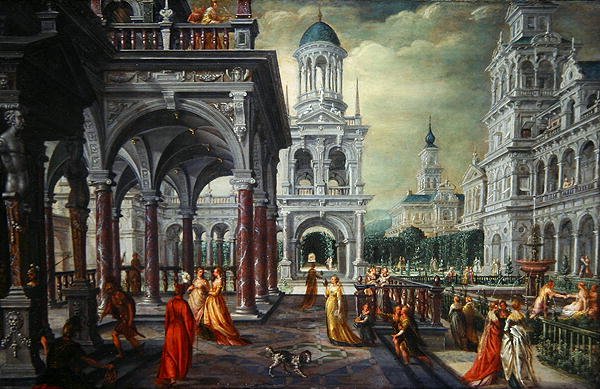 Bathsheba og David med en arkitektonisk bakgrunn (olje på eik) av Hans Vredeman de Vries