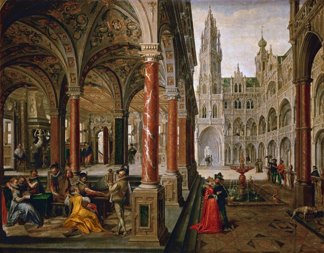 Palass med musikere - Hans Vredeman de Vries (Jan de Vriese ou Friedman de Frise) (1526-1606). olje på lerret av Hans Vredeman de Vries