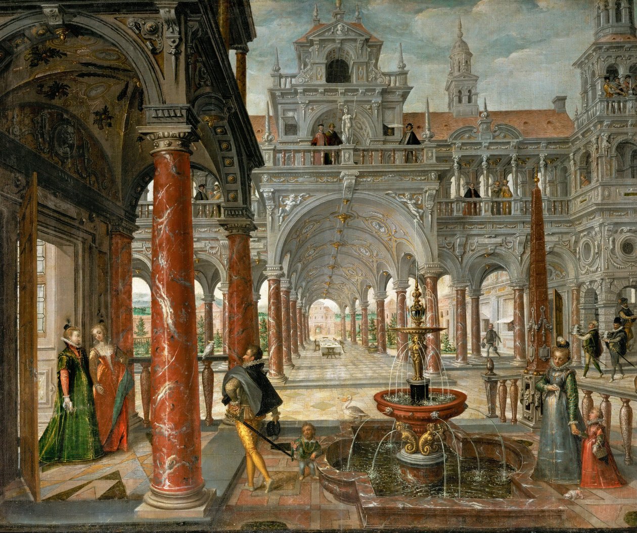 Et palass med utmerkede besøkende - Palass med utmerkede besøkende - Hans Vredeman de Vries (Jan de Vriese eller Friedman av Friesland) (1526-1606). Olje på lerret, ca. 1596. Størrelse: 137x164 cm. Kunsthistorisk museum, Wien av Hans Vredeman de Vries