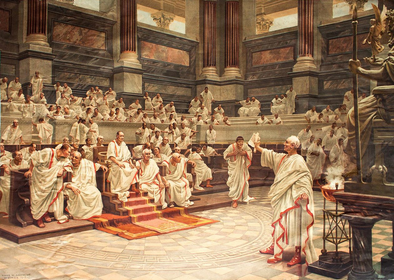 Cicero i senatet anklaget Catilina (108-62 f.Kr.) for å trylle, 21. oktober 63 f.Kr. - kromolitografi av Hans W. Schmidt