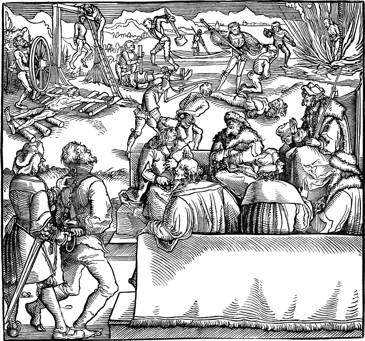 Rettsmøte. Illustrasjon fra boken Phisicke Against Fortune av Petrarch, 1532 av Hans Weiditz the Younger