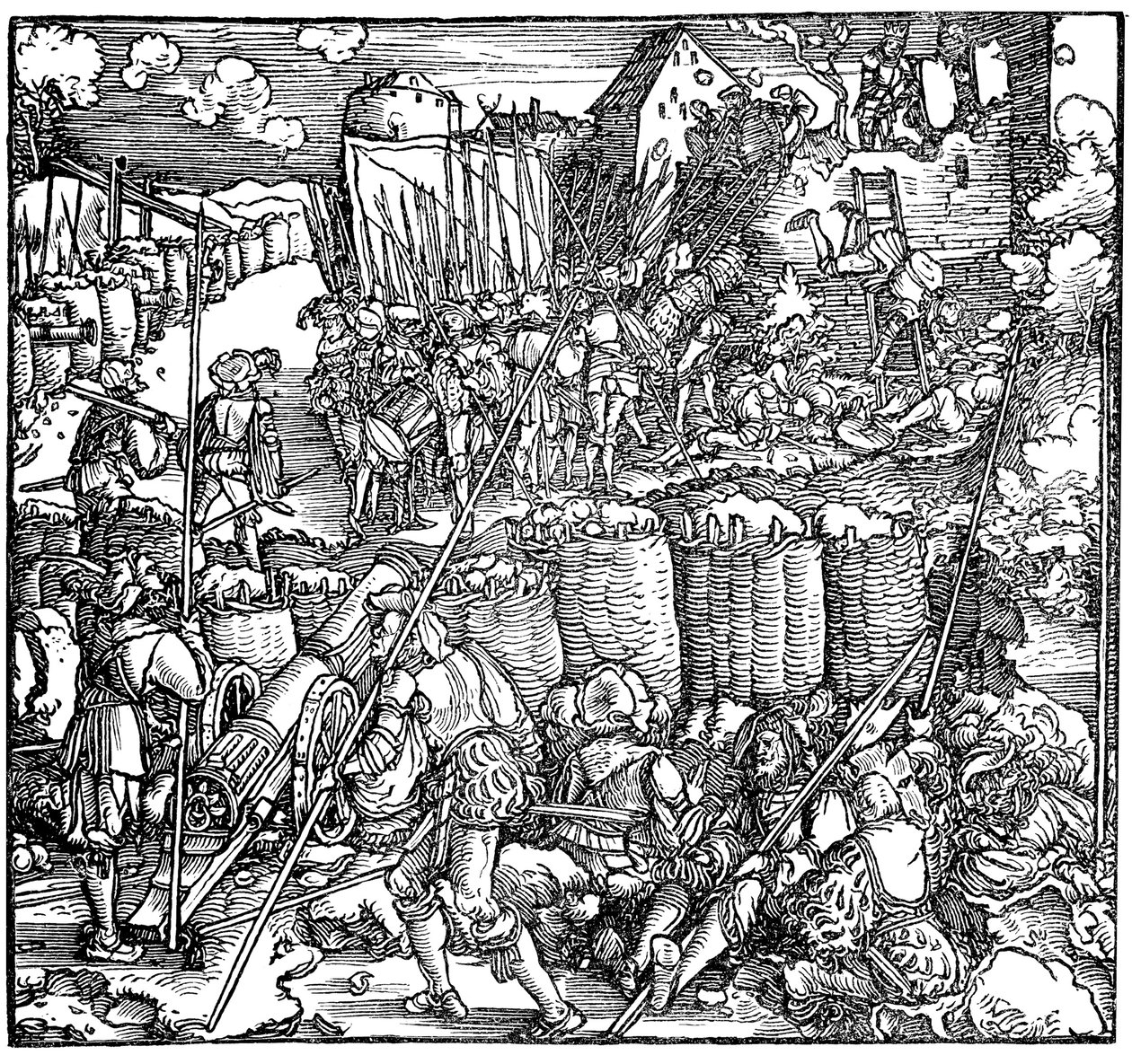 Beleiring av en festning. Illustrasjon fra boken Phisicke Against Fortune av Petrarch, 1532 av Hans Weiditz the Younger
