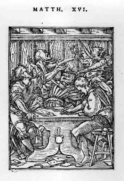 The Gamesters, fra Dance of Death-serien, gravert av Hans Lutzelburger (fl.1505-26) c.1526-28 av Hans after Holbein the Younger