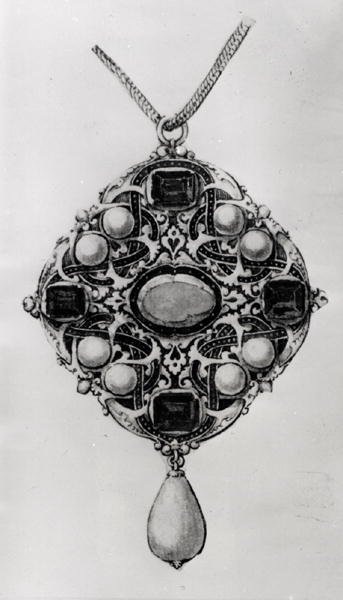 Design for et anhengsett med rubin, safirer og perler (penn og svart blekk, vask og wc på papir) av Hans attr. to Holbein the Younger