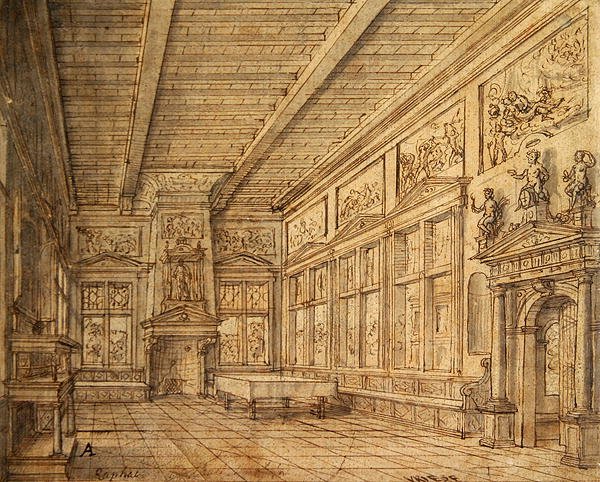 Interiør i en hall (grafitt, penn og blekk og vask på papir) av Hans or Jan Vredeman de Vries
