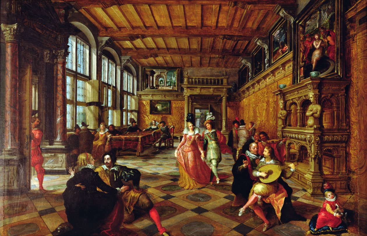 Scene av en ball i et flamsk interiør av Hans or Jan Vredeman de Vries
