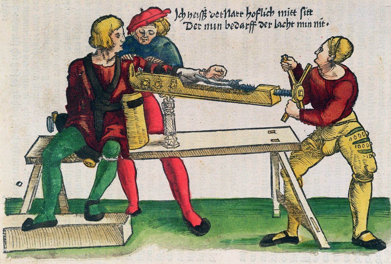 Apparat for helbredelse av armbrudd, illustrasjon fra 'Feldtbuch der Wundartzney' av Hans von Gersdorff, ca. 1540 (farget tresnitt) av Hans or Johannes Ulrich Wechtlin