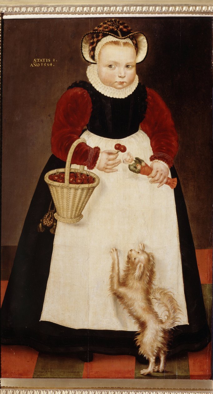 ""Portrett av en liten jente som holder en kurv med kirsebær og en liten dukke"" (Portrett av en ung jente) Hun bærer en jordbærkrage Maleri av Hans Bock den eldste (ca. 1550-1623) 1584 Pushkin Museum, Moskva av Hans the Elder Bock