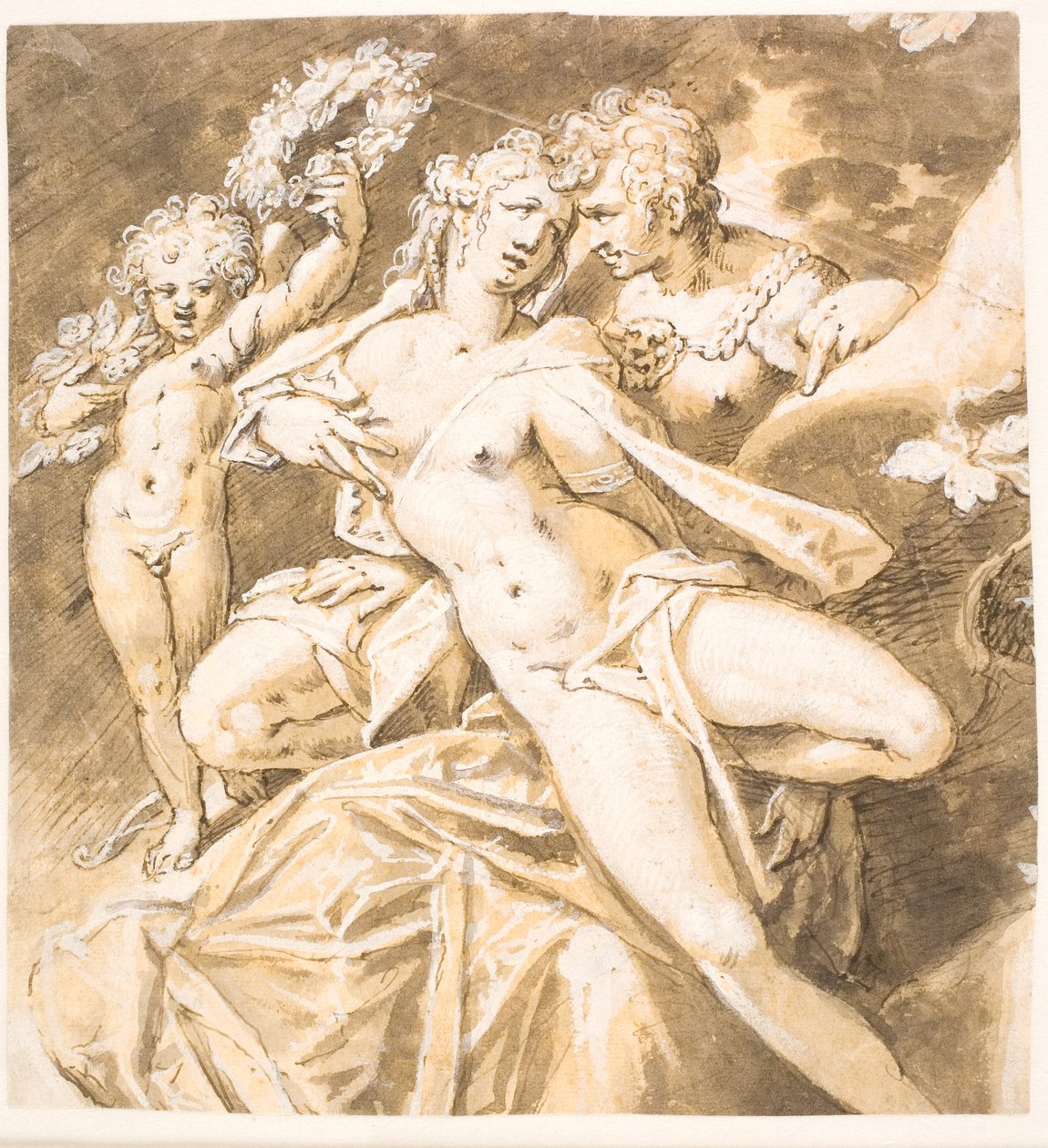 Mars kjærtegner Venus; fjernsyn. en amor som gir henne en krans av Hans von Aachen