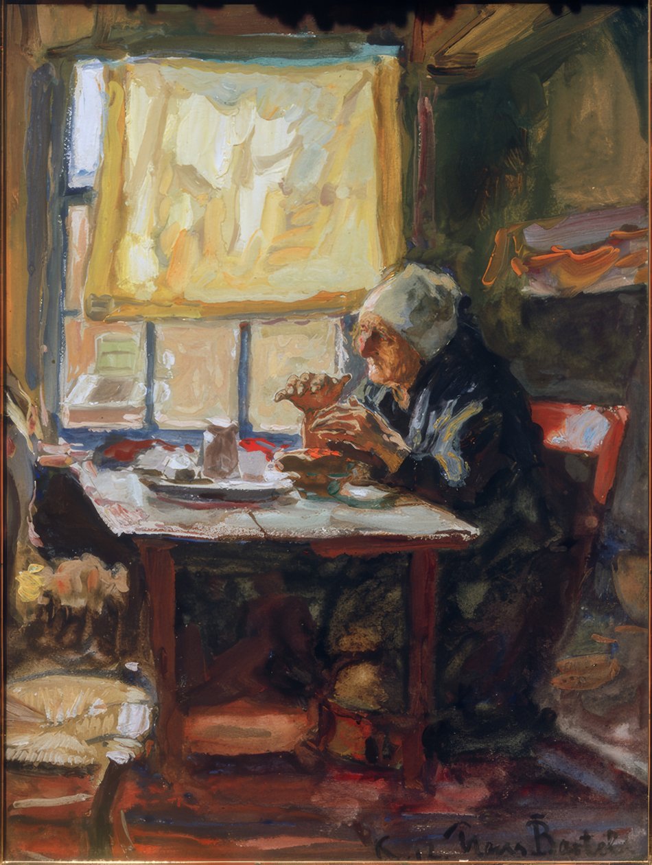 Gammel kvinne ved frokostbordet av Hans von Bartels
