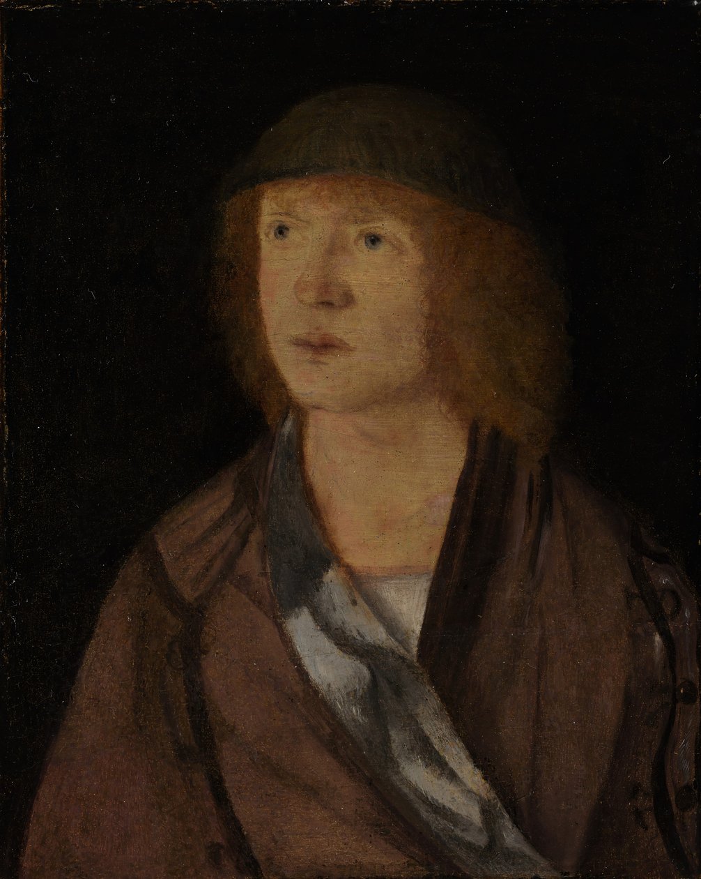 Portrett av en ung mann, omvendt jente som lager en krans, ca. 1508. av Hans von Kulmbach