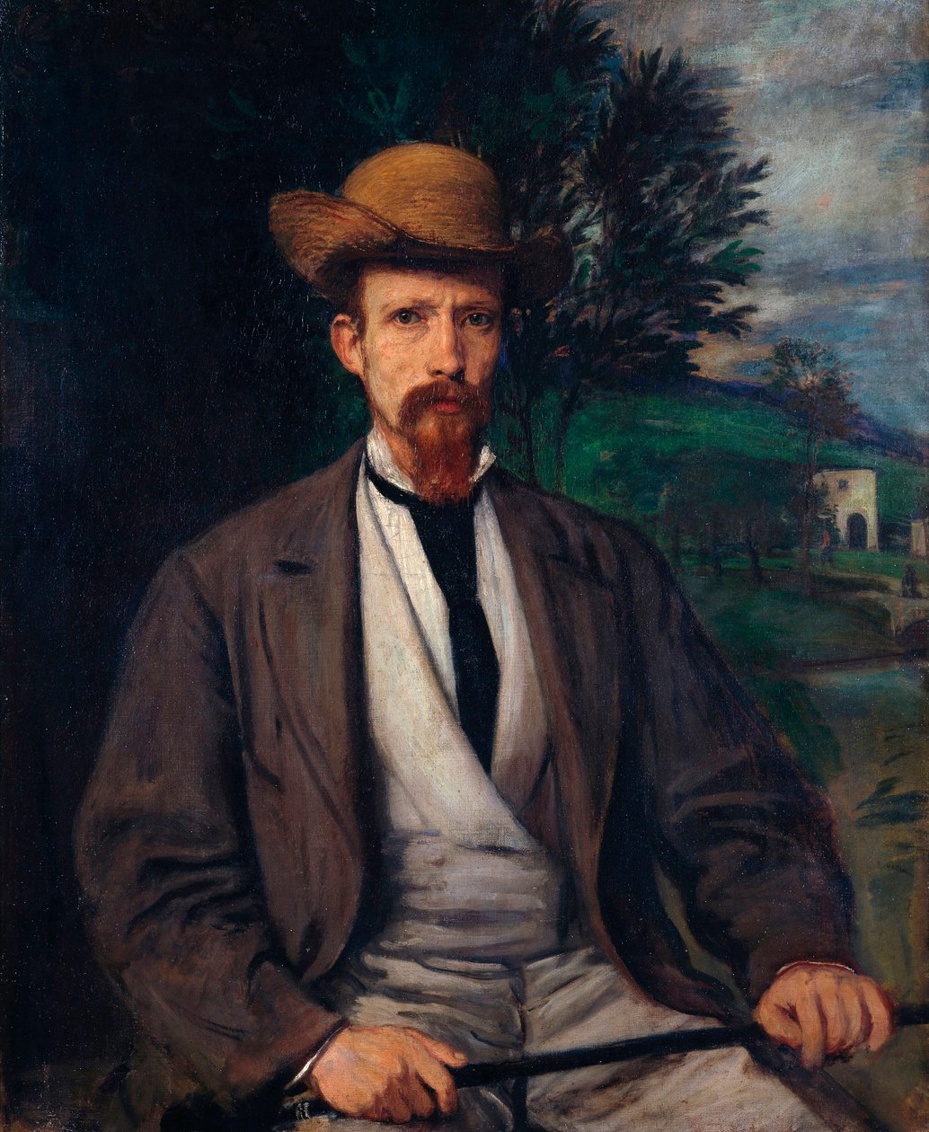 "Selvportrett med gul hatt" (Selvportrett med gul hatt) Maleri av Hans von Marees (1837-1887) Dim 97x80 cm Olje på lerret 1874 Staatliche Museen, Berlin av Hans von Marées