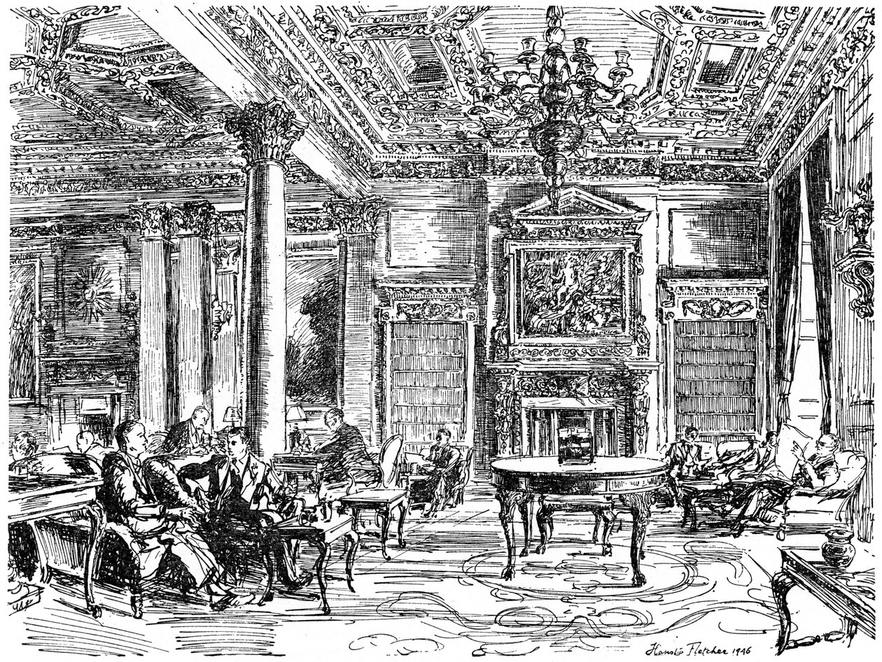 The Members Lounge, RAC klubbhus, Pall Mall, London, 1946 av Hanslip Fletcher