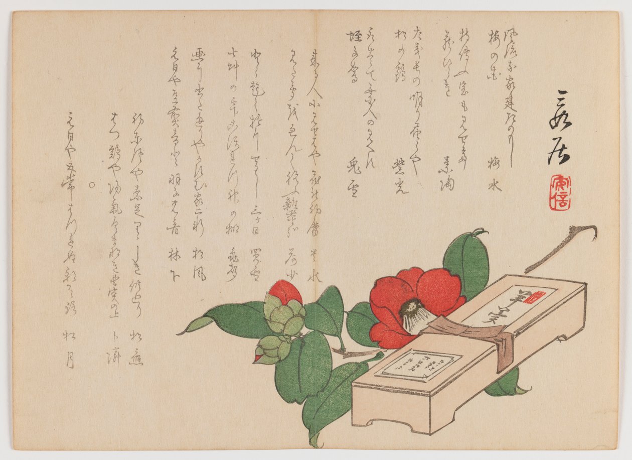 Camellia with Sweets Box (Yokan), ca. 1860 (treblokktrykk; horisontalt Chûban yoko-e-format) av Hanzan Matsukawa