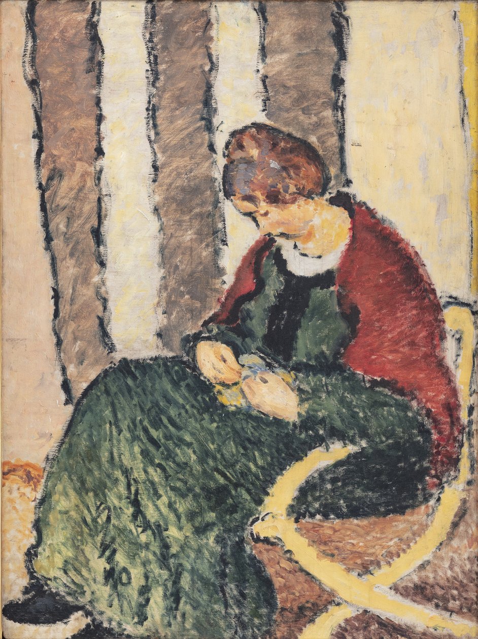 Kunstnerens søster, Anna Giersing, iført et rødt sjal av Harald Giersing