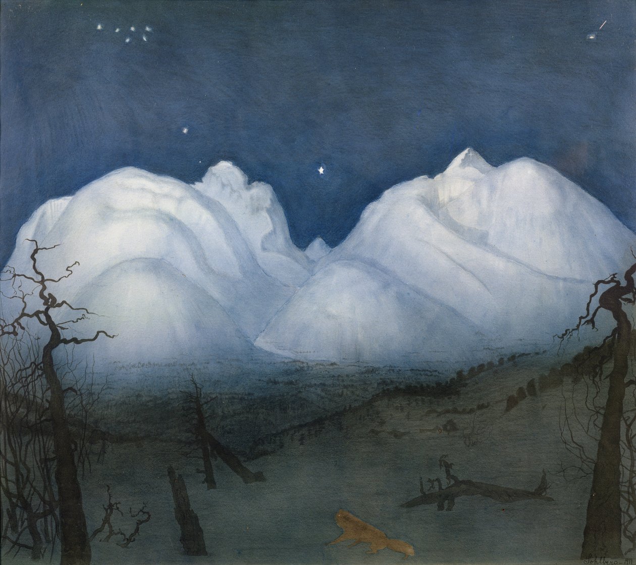 Vinternatt på fjellet (pastell og akvarell på papir) av Harald Oscar Sohlberg
