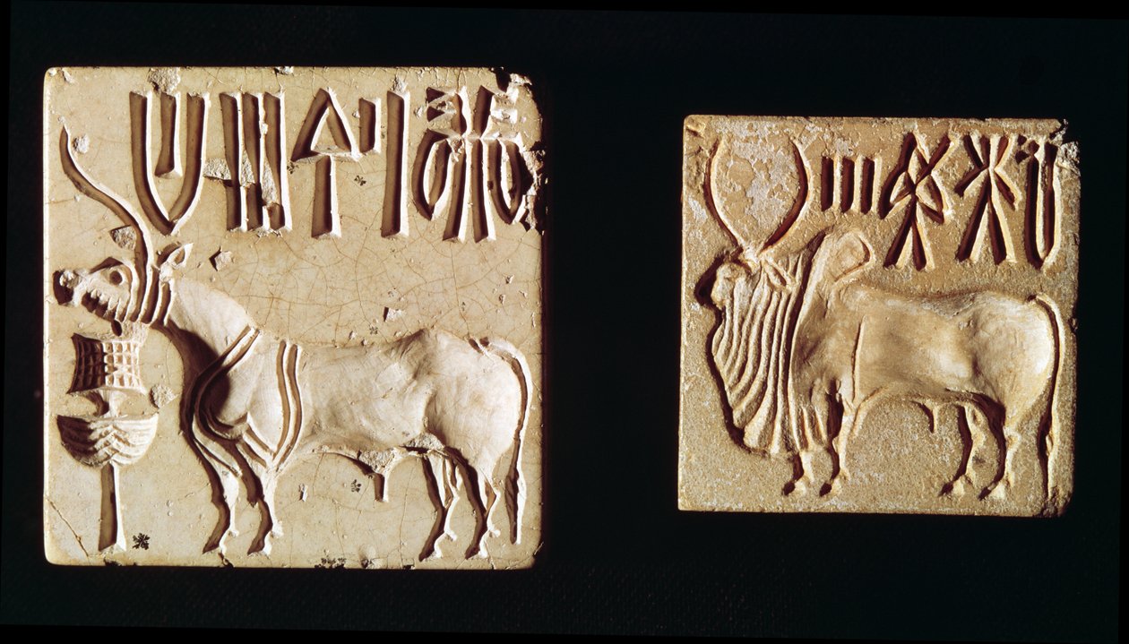 To segl som viser mytologiske dyr, fra Mohenjo-Daro, ca. 2300 f.Kr. av Harappan