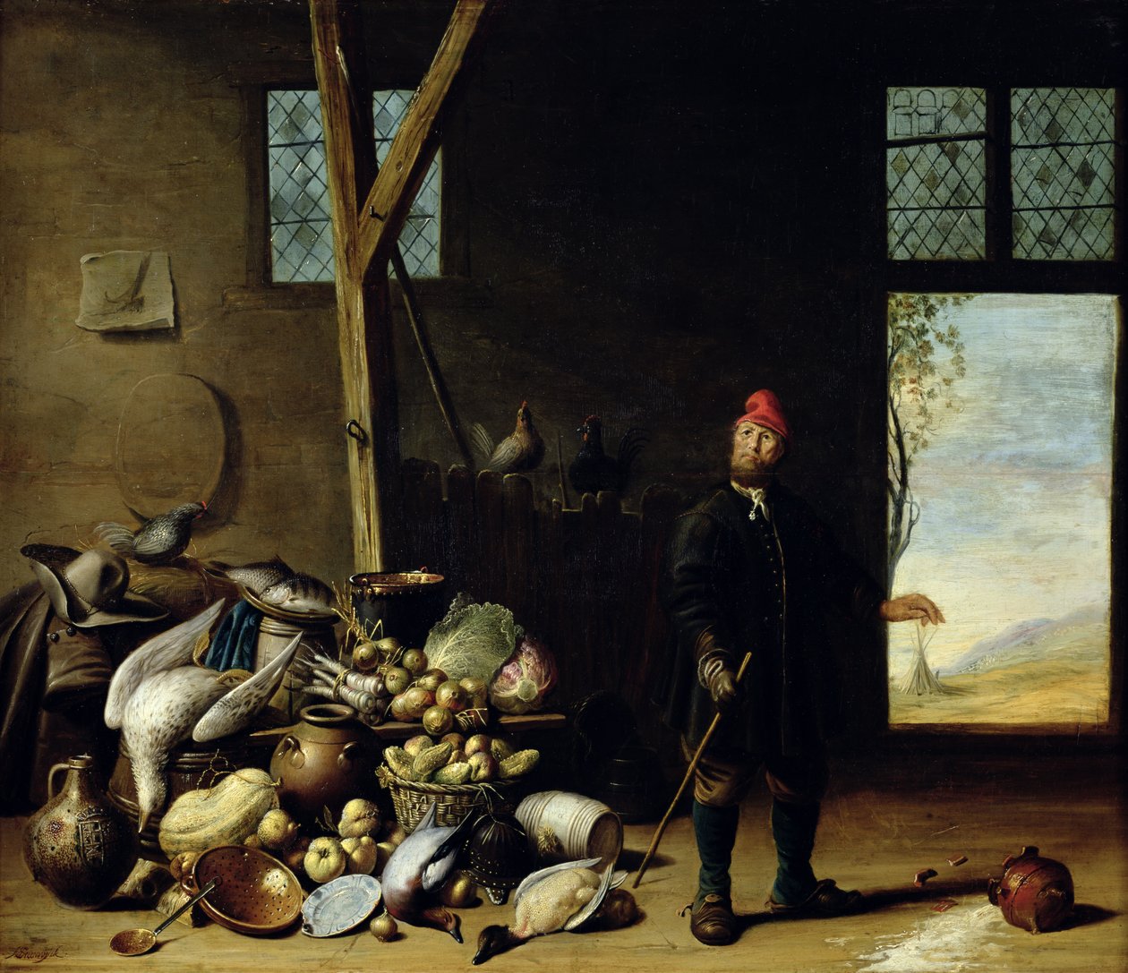 Bonde i et interiør eller, kjøkken med et stilleben av Harmen van Steenwyck