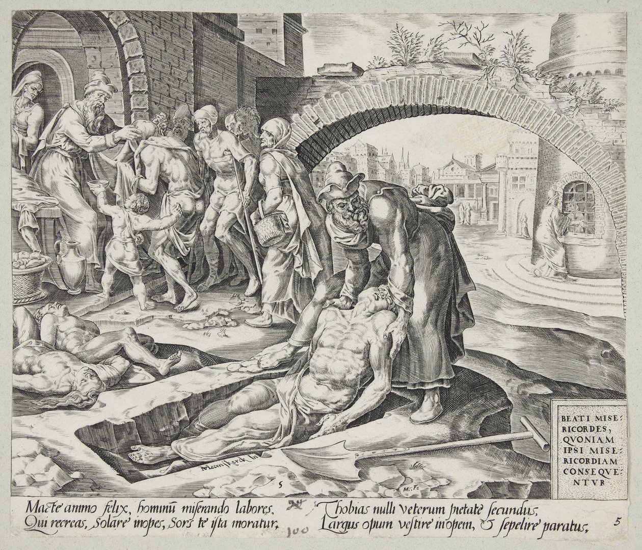 Salige er de barmhjertige. Tobit begraver de døde, kler de nakne og mater de sultne av Harmen Jansz. Muller