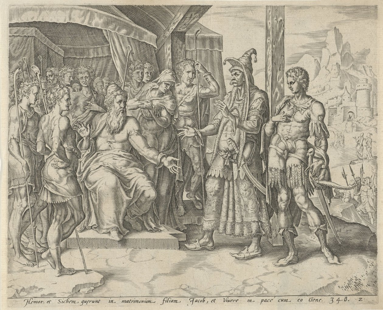 Hemor og Sikem ber Jakob om Dinas hånd Historien om Dinah og Sikem (serietittel) av Harmen Jansz Muller