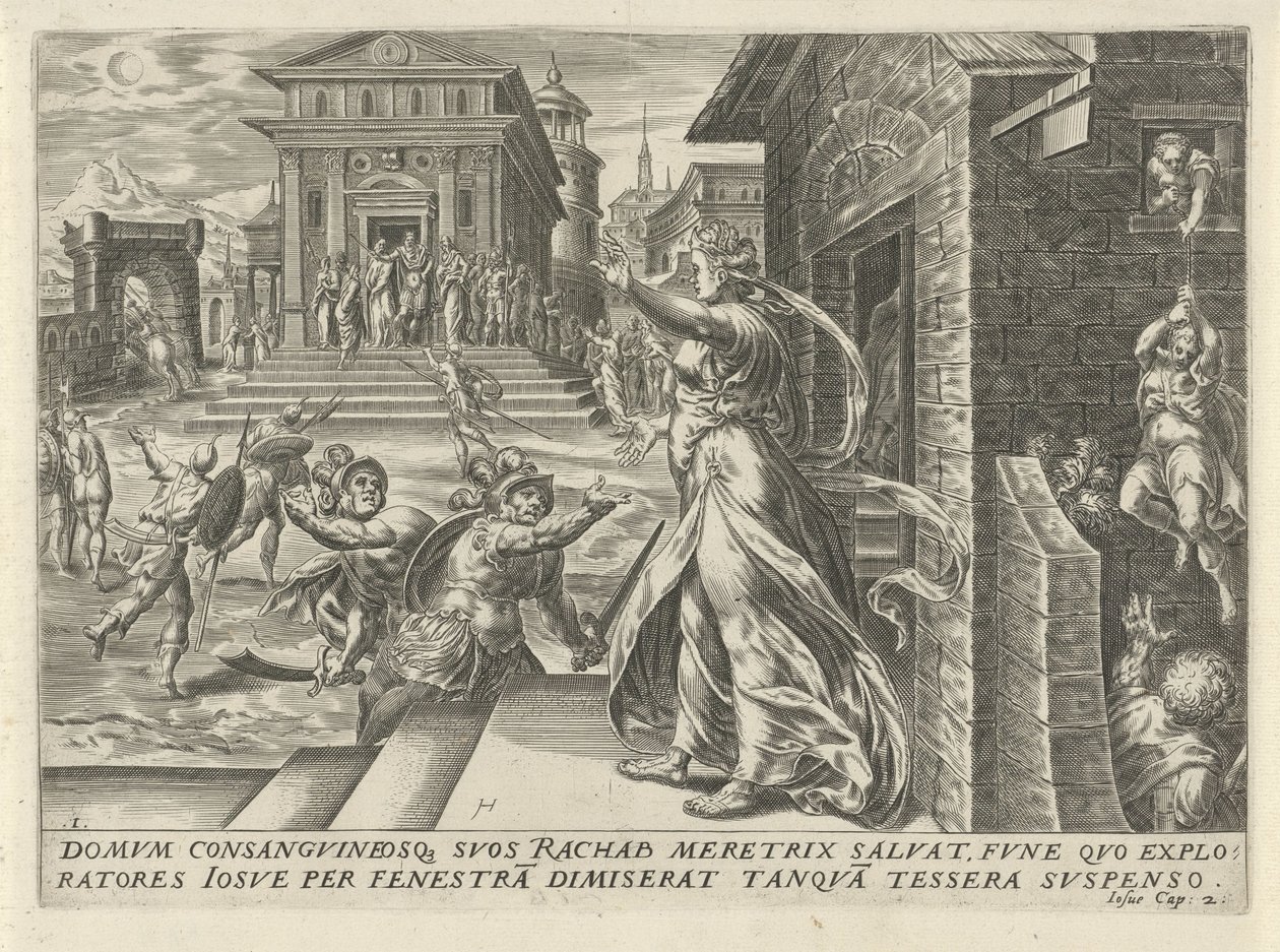 Rahab lar spionene rømme gjennom vinduet The History of Joshua (serietittel) av Harmen Jansz Muller