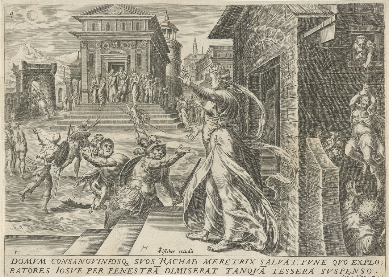 Rahab lar spionene rømme gjennom vinduet The History of Joshua (serietittel) av Harmen Jansz Muller