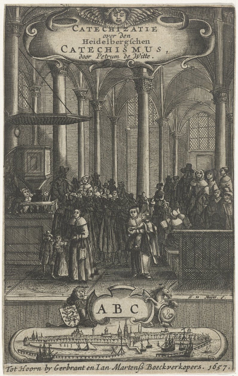 Kirkens interiør Tittelside for: P. de Witte, Katekisering om Heidelbergschen-katekismus, 1657 av Harmen de Mayer