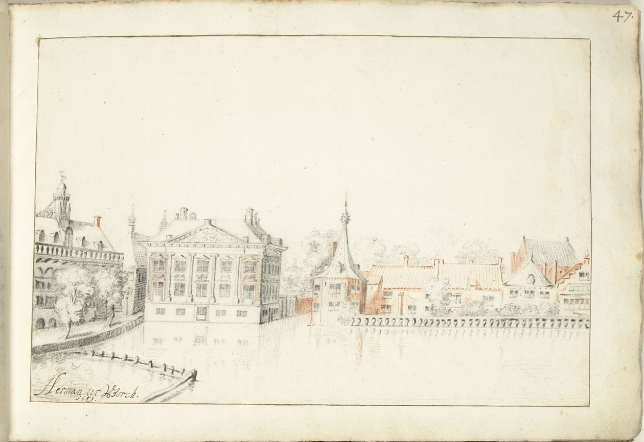 Utsikt over bygningene på Hofvijver, Haag av Harmen ter Borch (signed by artist)
