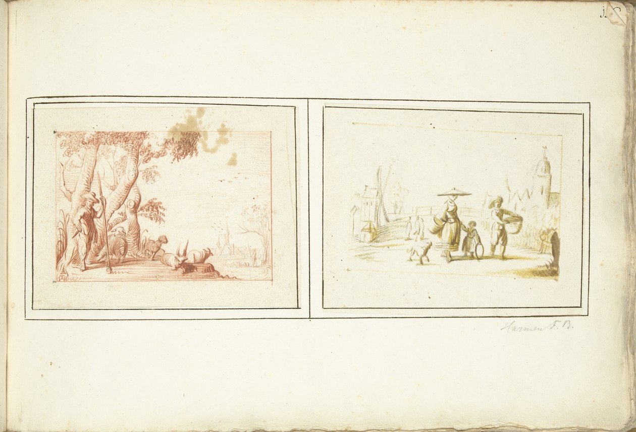 Hyrde med storfe og gatescene av Harmen ter Borch (signed by artist)