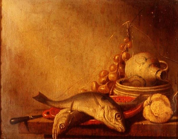 En panne med fisk, en steintøymugge, løk og frukt av Harmen van Steenwyck